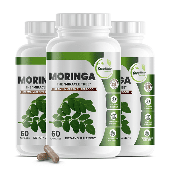 Pure Moringa Oleifera Green Superfood Capsules with Vitamin C, Omega 3 & Amino Acids - Boosts Energy, Mood, Memory, Immune Support - Made from Organic Moringa, Non-GMO - 60 Capsules (3 Bottles)