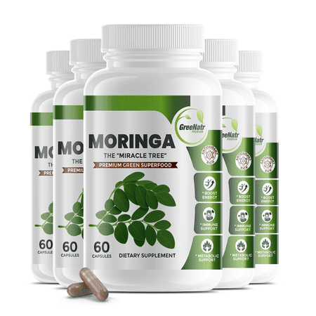 Pure Moringa Oleifera Green Superfood Capsules with Vitamin C, Omega 3 & Amino Acids - Boosts Energy, Mood, Memory, Immune Support - Made from Organic Moringa, Non-GMO - 60 Capsules (6 Bottles)