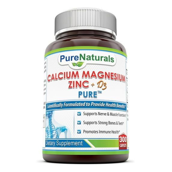 Pure Naturals Calcium Magnesium Zinc D3 | 300 Tablets Supplement | Calcium 1000mg, Magnesium 400mg, Zinc 25mg, Vitamin D3 600 IU | Non-GMO | Gluten Free | Made in USA