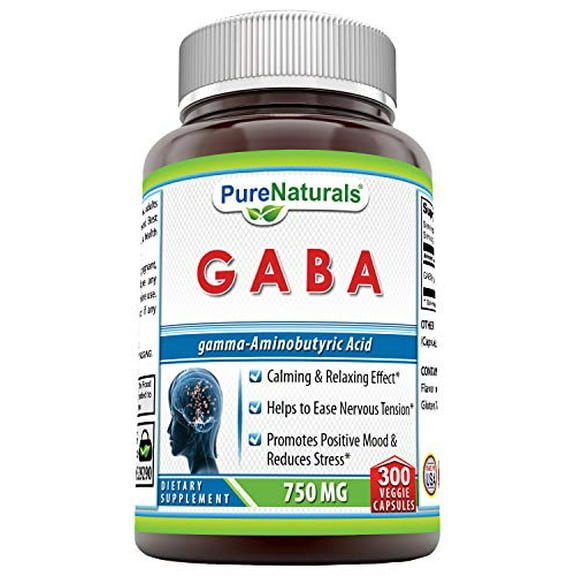 Pure Naturals GABA 750 Mg Per Serving 300 Veggie Capsules Supplement | Non-GMO | Gluten Free | Made in USA | Ideal for Vegetarians