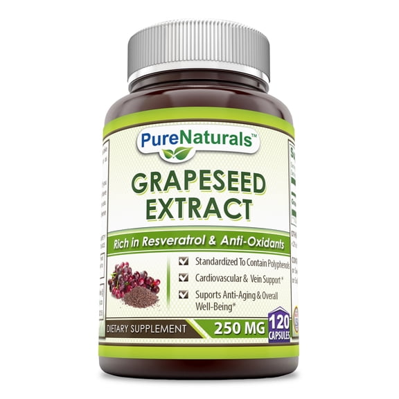 Pure Naturals Grapeseed Extract 250mg Per Serving 120 Veggie Capsules Supplement | Non-GMO | Gluten Free | Made in USA | Suitable for Vegetarians
