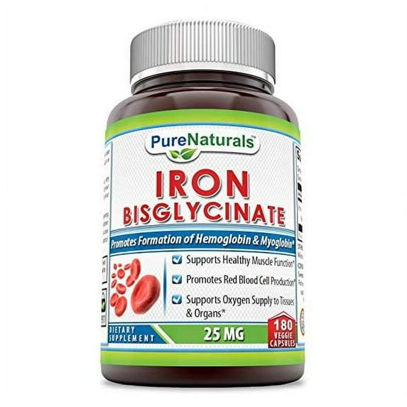Pure Naturals Iron Bisglycinate 25 Mg 180 Veggie Capsules (Non-GMO)- Supports Healthy Muscle Function* Promotes Red Blood Cell Production* Supports Oxygen Supply to Tissue & Organs*