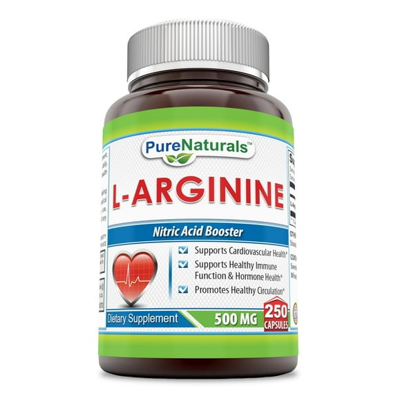 Pure Naturals L-Arginine 500 Mg Per Serving 250 Capsules Supplement | Amino Acid Supplement for Men & Women | Non-GMO | Gluten Free | Made in USA