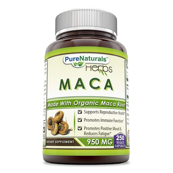 Pure Naturals Natural Made Maca 950 Mg Per Serving 250 Veggie Capsules Supplement | Non-GMO | Gluten Free | Made in USA