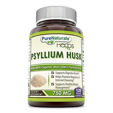 Pure Naturals Natural Psyllium Husk 750mg 120 Veggie Capsules Supplement | Non-GMO | Gluten Free | Made in USA | Suitable for Vegetarians