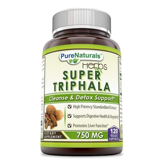 Pure Naturals Super Triphala 750 Mg 120 Veggie Capsules- High Potency Standarized Extract* Supports Digestiive Health & Regularity* Promotes Liver Function*