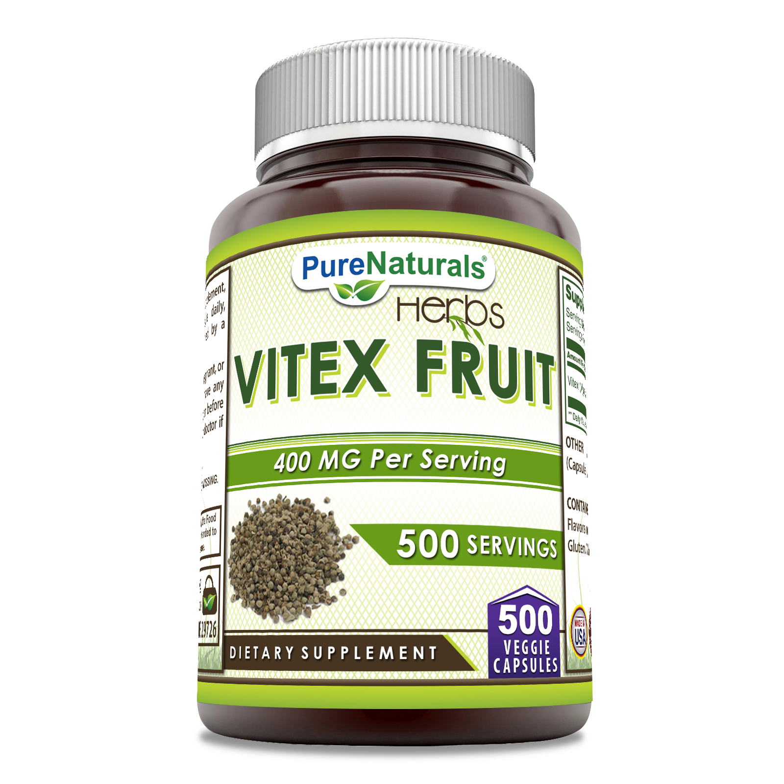 Pure Naturals Vitex Fruta 400mg por Porción 500 Cápsulas Vegetales Suplemento | No-GMO | Sin Gluten | Hecho en USA