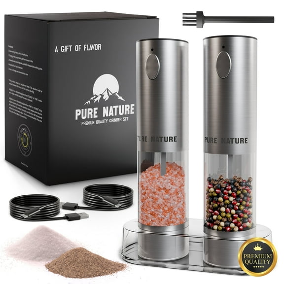 Pure Nature Electric Rechargeable Salt and Pepper Grinder Set with tray with upgraded larger capacity and LED Lights, 5 Adjustable Coarseness, Refillable, Type-C Fast Charging.