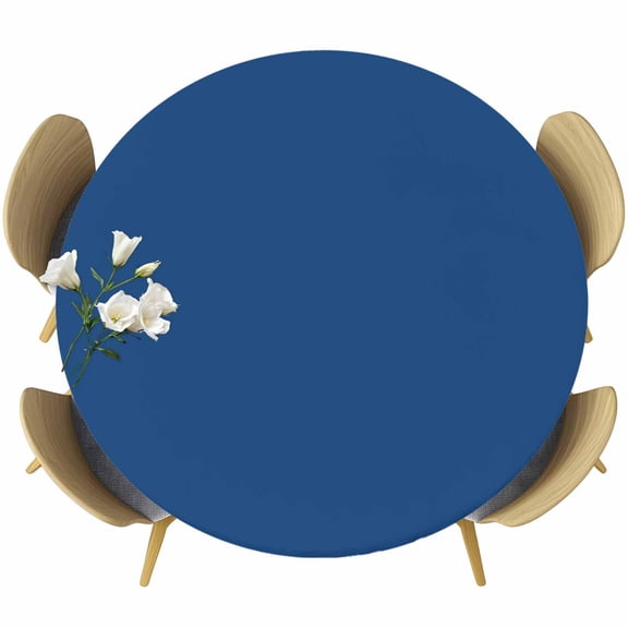 Pure Navy Blue Table Cloth, Round Fitted Tablecloths with Elastic Edge, Simple Solid Color Wipeable Waterproof Table Cover for Kitchen Wedding 45-54 Inches