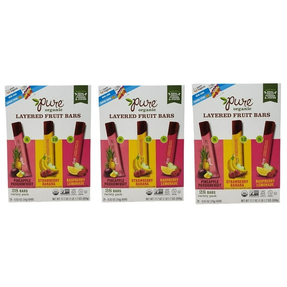 Pure Organic Layered Fruit Bars - Pineapple Passion Fruit, Strawberry Banana ,and Raspberry Lemonade - 84 Bars Total