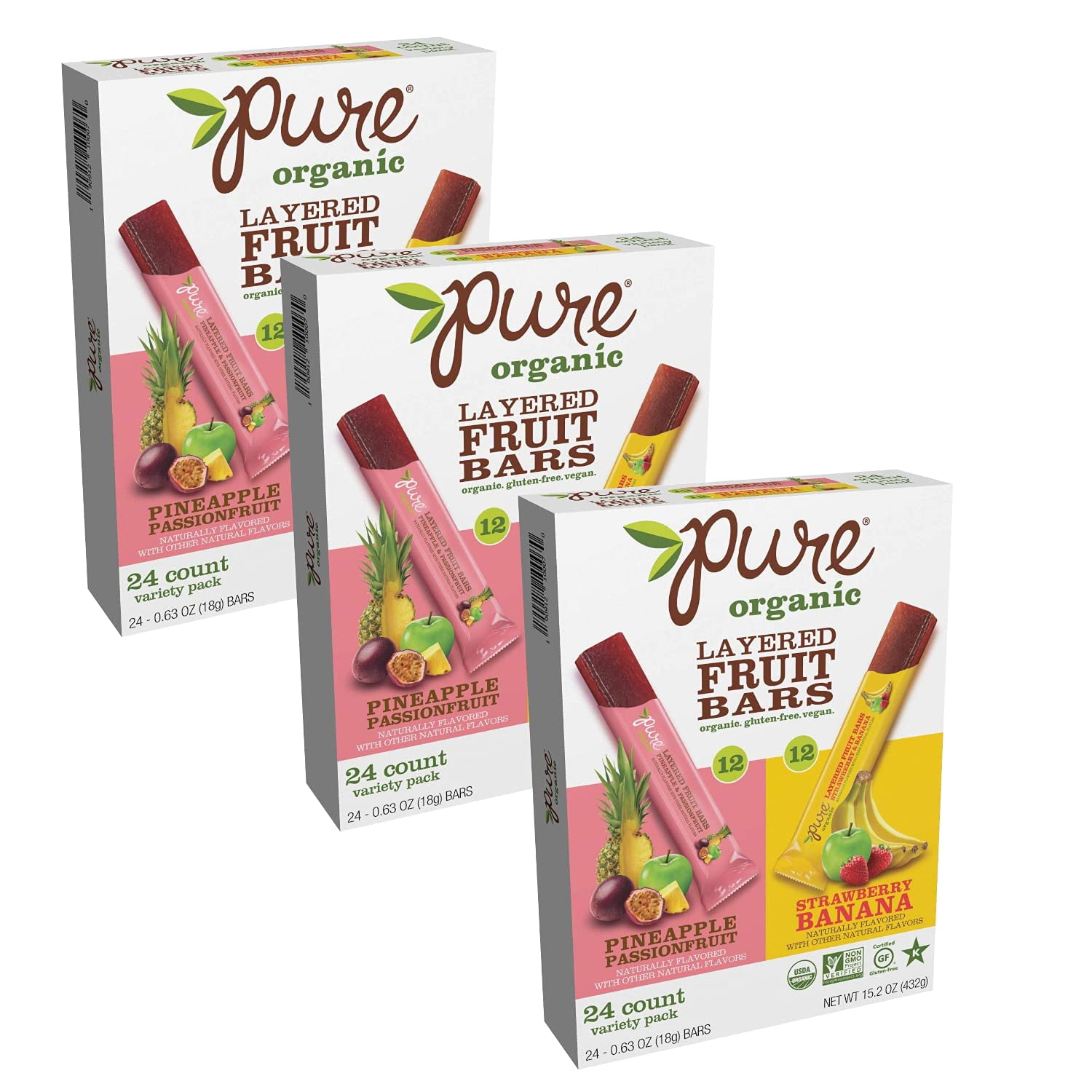 Pure Organic Layered Fruit Bars Variety 3 Boxes, 24 Bars Each Box, 72