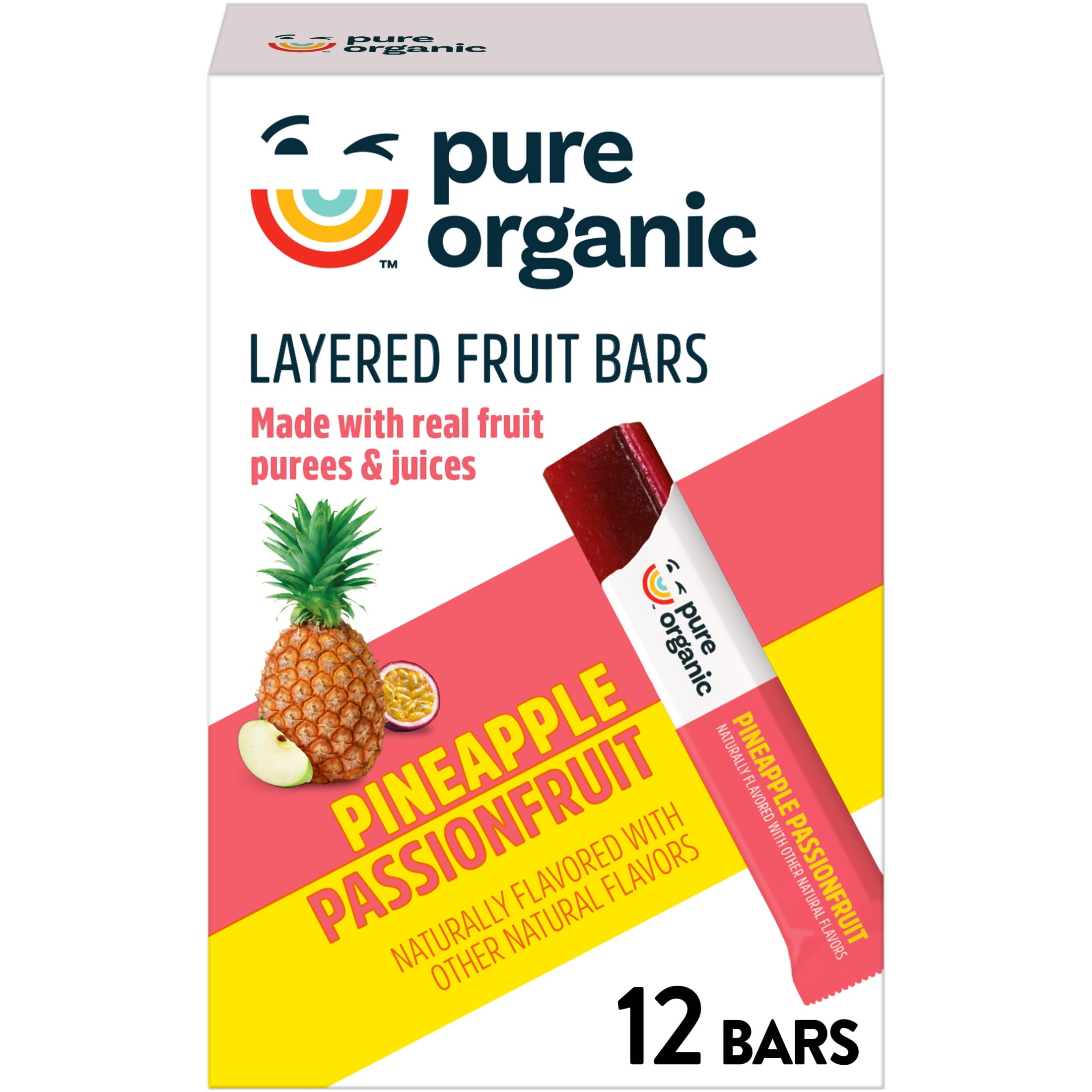 Pure Organic Gluten-Free, Organic Pineapple Passionfruit Chewy Layered Fruit Bars, Gluten Free and Vegan Fruit Snacks, 6.2 oz, 12 Count