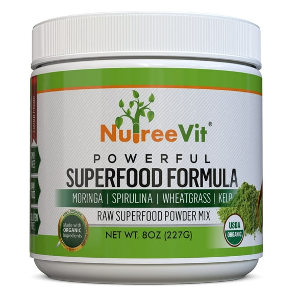 Pure Organic Powder SuperFood Mix - Moringa Spirulina Wheatrgrass Kelp-8oz