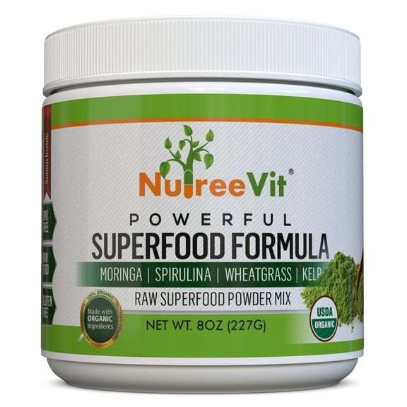 Pure Organic Powder SuperFood Mix - Moringa Spirulina Wheatrgrass Kelp-8oz