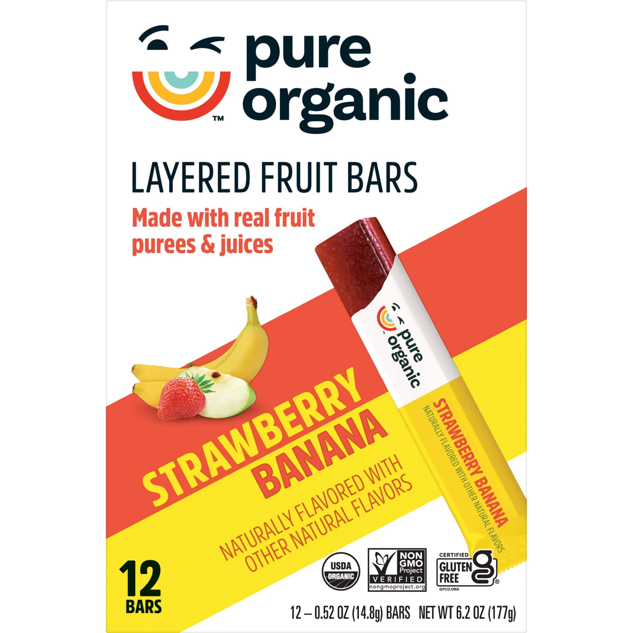 Pure Organic Strawberry Banana Layered Fruit Bars, GlutenFree, 6.2 oz, 12 Count