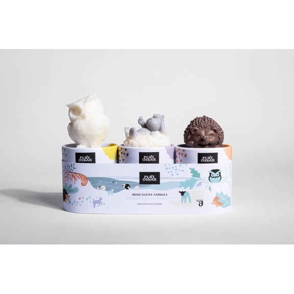 Pure Oskar Set of 3 Handmade Soaps Barn Owl, Little Lamb, Busy Hedgehog Natural Moisturizing Ingredients Irish Gift Made in Ireland Gift-boxed