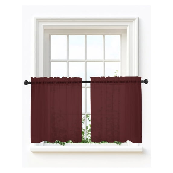 Pure Oxblood Red Tier Curtains 24 Inch Length,Sheer Curtains for Bedroom Living Room Contemporary Solid Color Minimalist Art Short Kitchen Curtains Drapes for Small Half Window 27.5"x24" 2 Panels