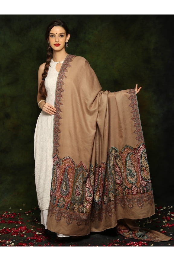 Pure Pashmina Sozni Natural Palledar Shawl - Kashmir Embroidered
