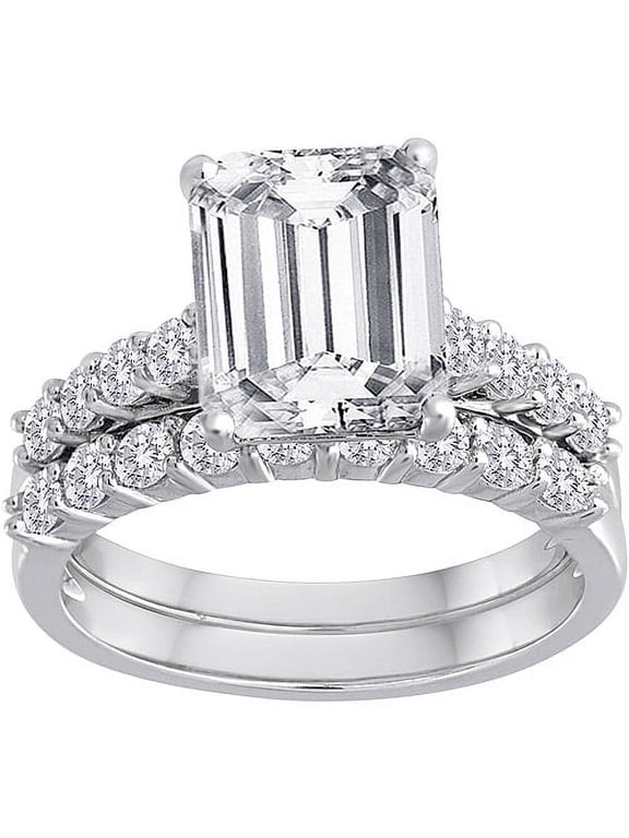 Pure Perfection Certified Bridal Ring with Emerald-Cut Center Stone Made with Swarovski Zirconia