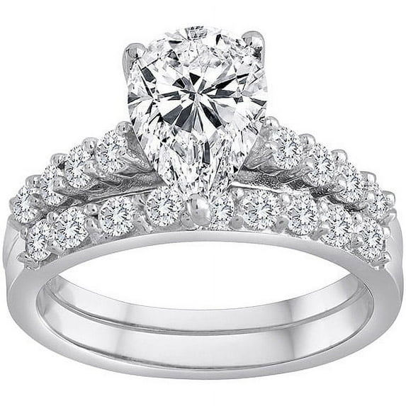 Pure Perfection Certified Bridal Ring with Pear-Shaped Center Stone Made with Swarovski Zirconia