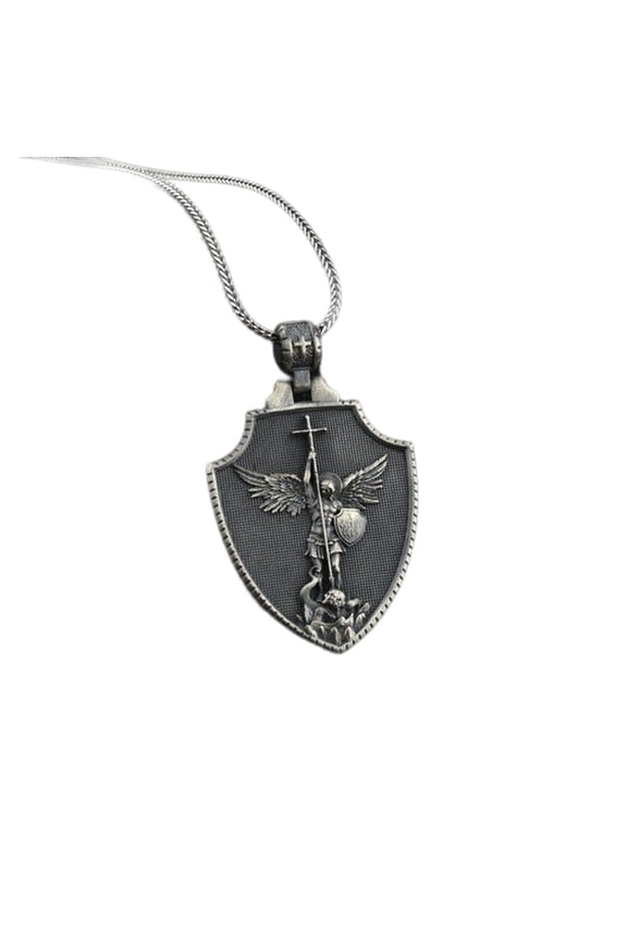Pure Pewter St. Michael the Archangel Necklace, Religious Chain for Men and Women, Shield Pendant, Police Military Paramedic Sailors and Military Personnel Patron Saint Amulet
