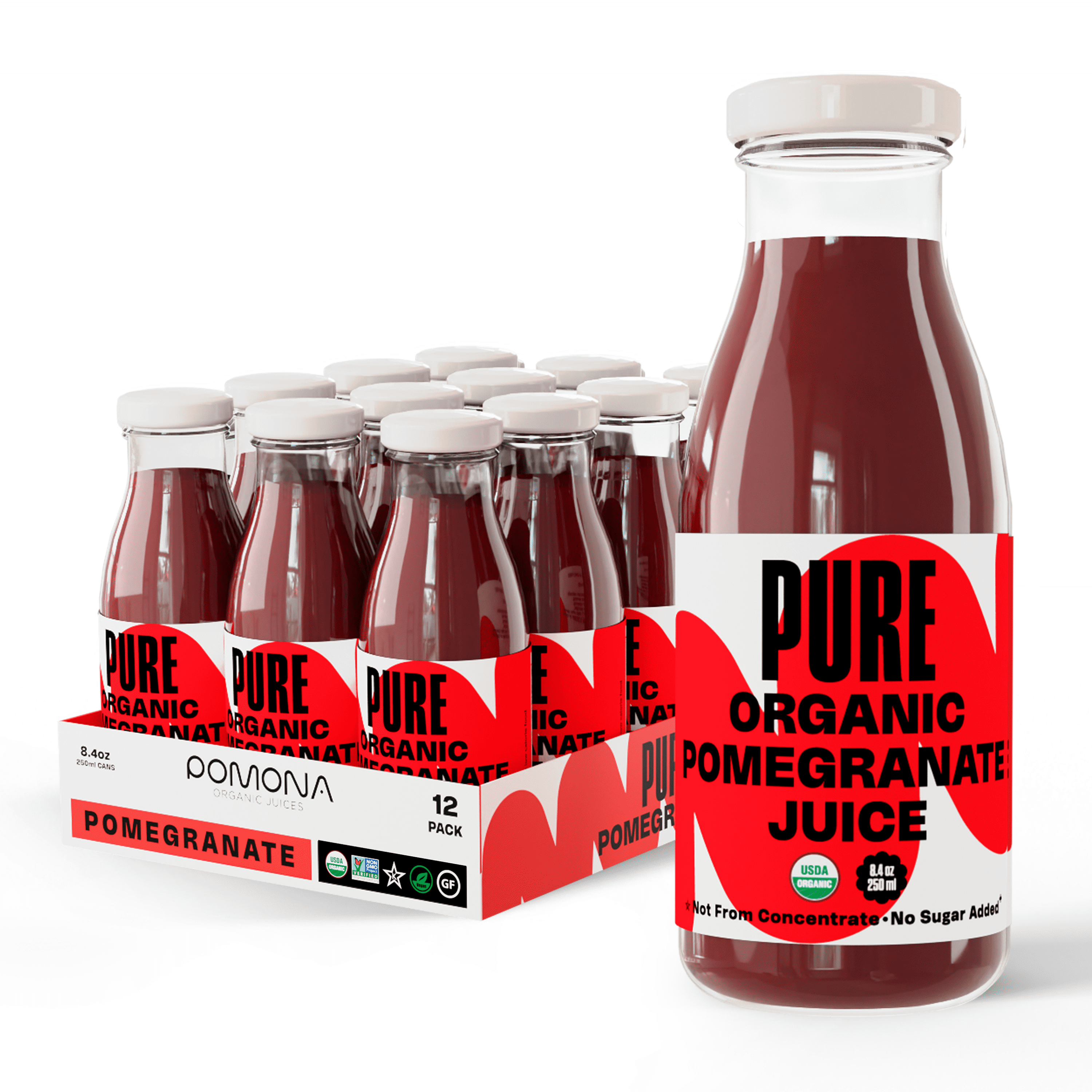 Pure Pomegranate Juice: Pack of 12 x 8.4 Ounce Bottles, Cold Pressed Organic Juice, Non-GMO, No Sugar Added, Not from Concentrate, Gluten Free, Kosher Certified, Preservative Free