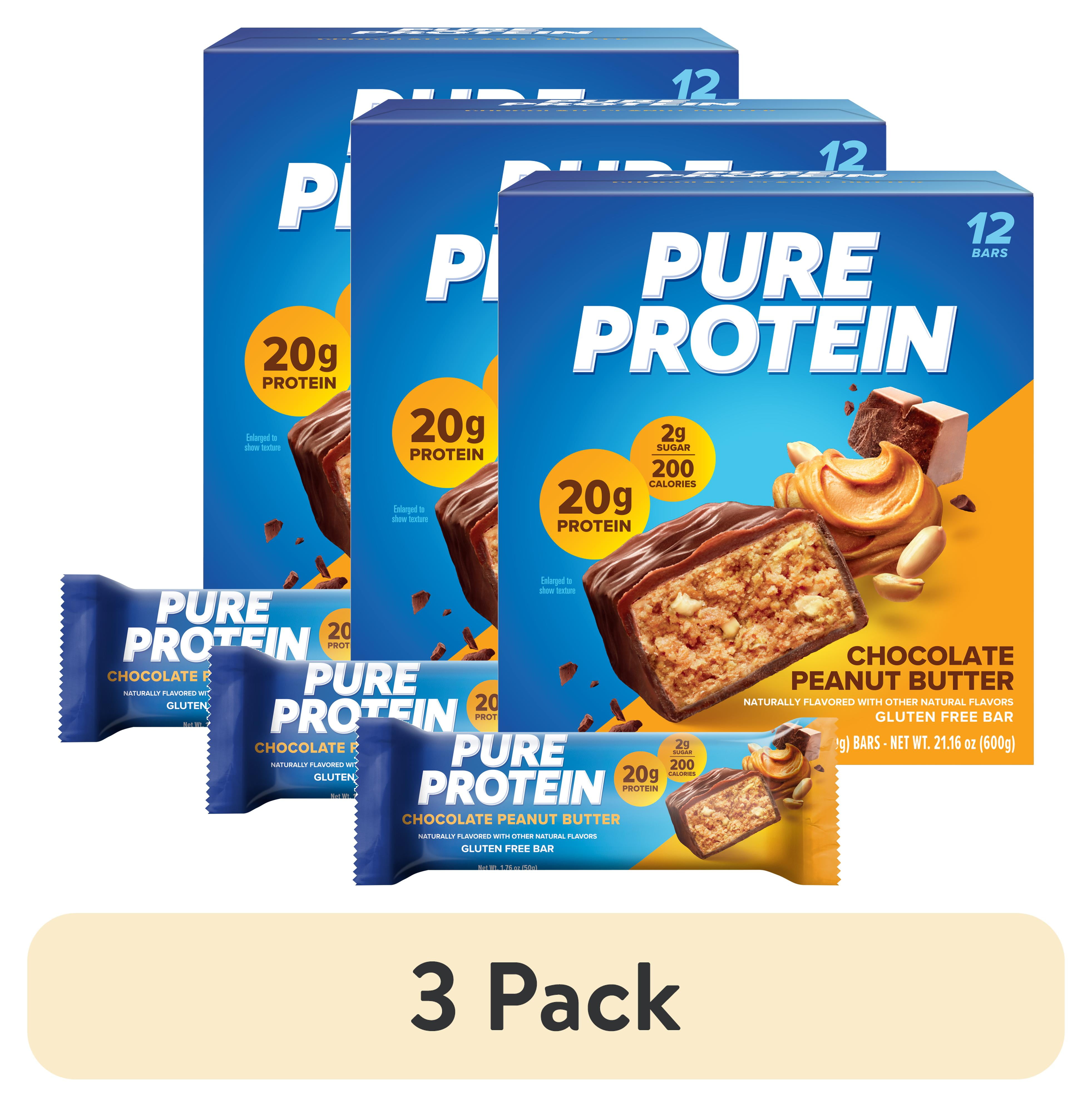 (3 pack) Pure Protein Bars, Chocolate Peanut Butter, 20g Protein ...