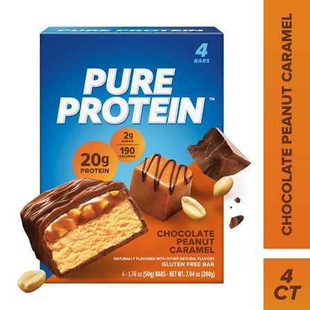 Pure Protein Bars, Chocolate Peanut Caramel, 20g Protein, Gluten Free, 1.76 oz, 4 Count
