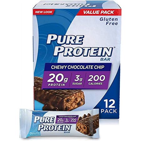 Pure Protein Bars, High Protein, Nutritious Snacks to Support Energy, Low Sugar, Gluten Free, Chewy Chocolate Chip, 1.76oz, 12 Pack