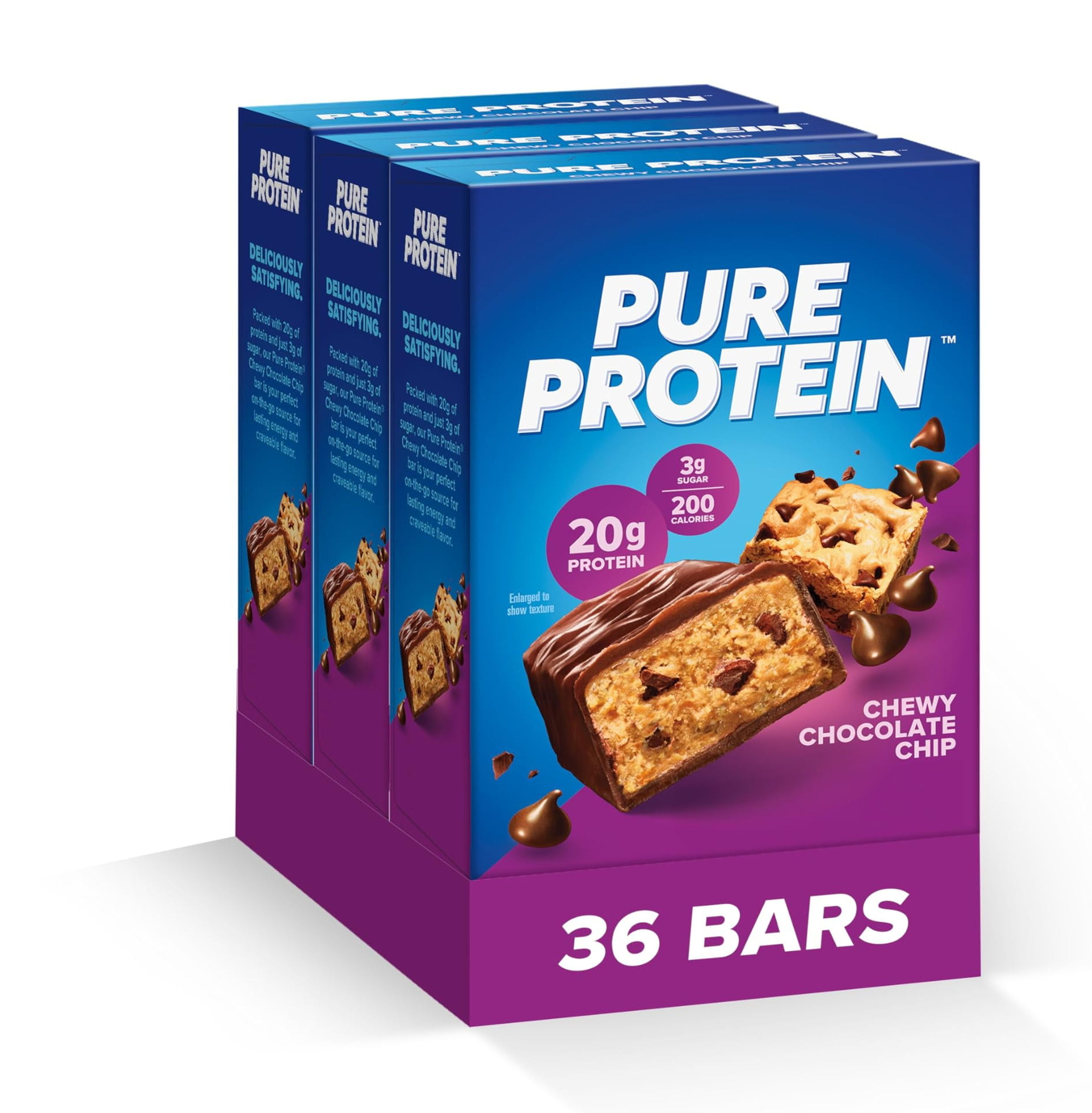 Pure Protein Bars, High YYF14 Protein, Nutritious Snacks to Support Energy, Low Sugar, Gluten Free, Chewy Chocolate Chip, Pack of 36