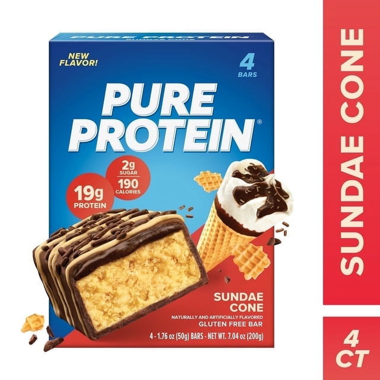 Pure Protein Bars, Sundae Cone, 19g Protein, Gluten Free, 1.76 oz, 4 Ct (2 PACK)