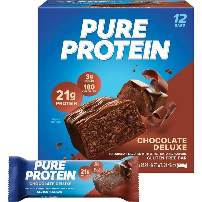 Pure Protein Chocolate Deluxe Bars 12 Count Box 21g High Protein Gluten Free On the Go Snack Ideal Pre Post Workout Fuel Low Sugar Great