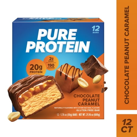 Pure Protein Bars, Chocolate Peanut Caramel, 20g Protein, Gluten Free, 1.76 Oz, 12 Count