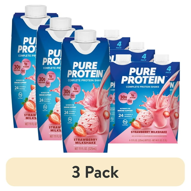 (3 pack) Pure Protein Strawberry Milkshake Complete Protein Shake