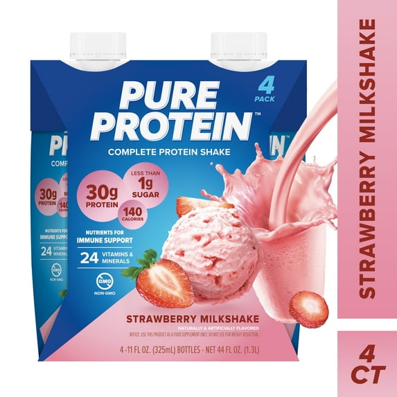 Pure Protein Shake, Strawberry Milkshake, 30g Protein, 11 fl oz, 4 Count