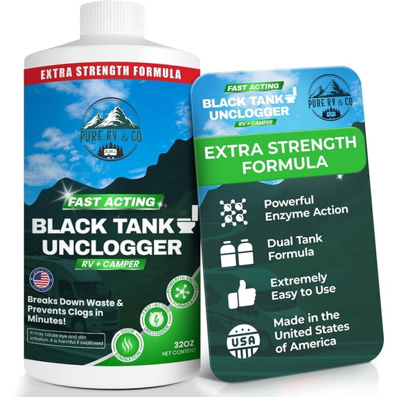 Pure RV Black Tank Unclogger to Break Down Waste & Eliminate Odor, Heavy Duty Septic Tank Treatment with Powerful Enzyme Formula, Strong Odor Control for Campers & RVs, 32oz