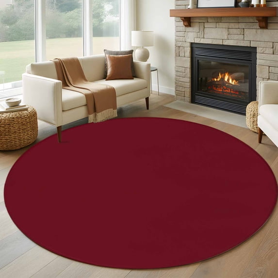 Pure Red Wine Large Round Rug 8 FT, Non Slip Living Room Area Carpet, Simple Solid Color Washable Soft Circle Rug Non-Shedding Floor Carpet for Bedroom Office Dining Room