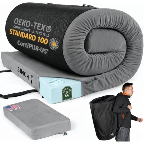 Pure Roll Up Memory Camping Mattress with Cover & Phone Pocket - Portable 3inch CertiPUR- Sleeping Pad with Travel Bag for Camping, , Tent, SUV, Pets, Guest Bed