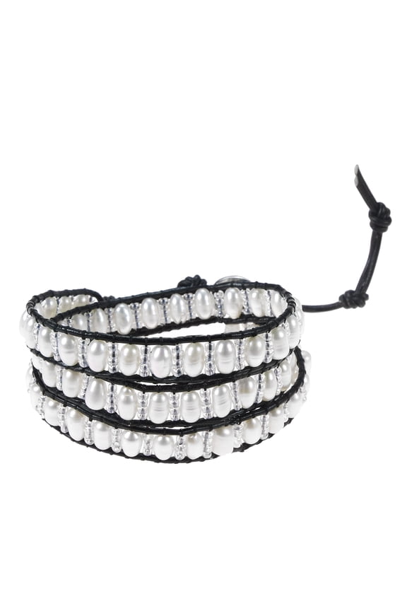 Pure Romance Freshwater White Pearl 3-Wrap Leather Bracelet
