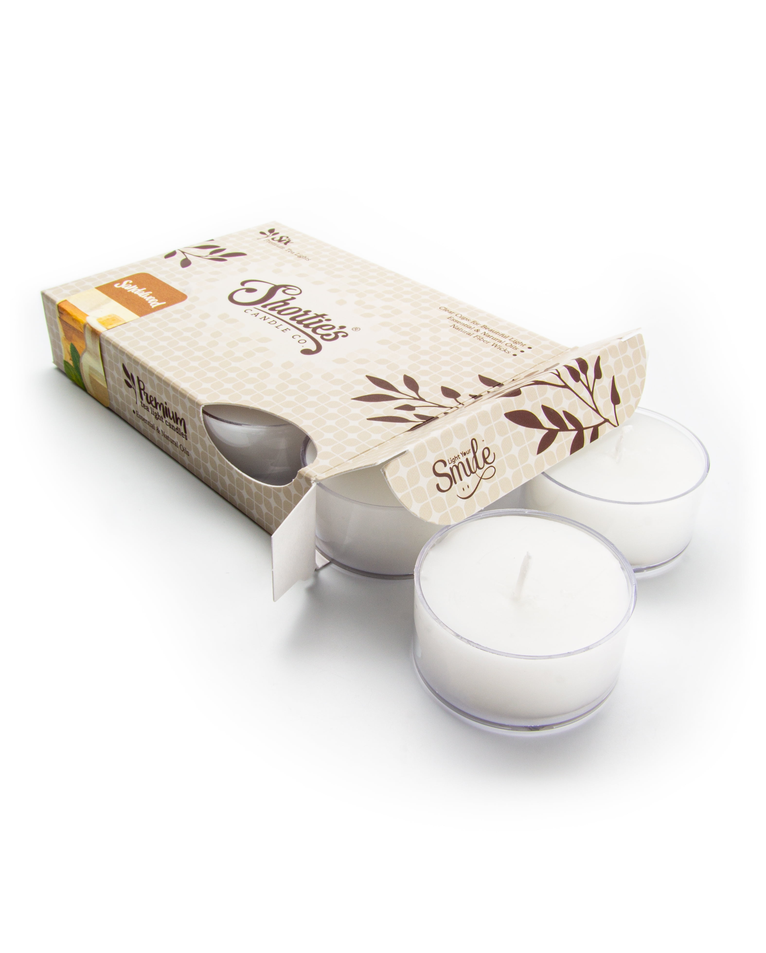 Pure Sandalwood Tealight Candles - 6 White Premium Scented Tea Lights - Shortie's Candle Company