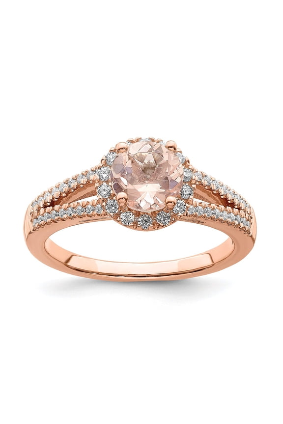 Pure Serenity 14k Rose Gold 1/4 carat Lab Grown Diamond VS/SI+ G+ and Round Morganite Halo Engagement Ring