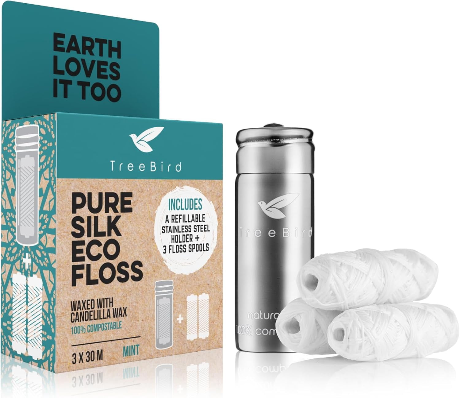 Pure Silk Eco Floss Kit - Refillable Dispenser (Stainless Steel) + 3×33 yd Refills | Waxed with Candelilla Wax Mint