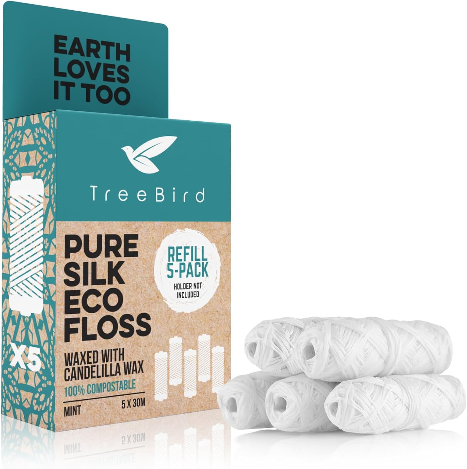 Pure Silk Eco Floss Refills | Pack of 5 x 33yd Silk Dental Floss Spools | Waxed with Candelilla Wax | Mint