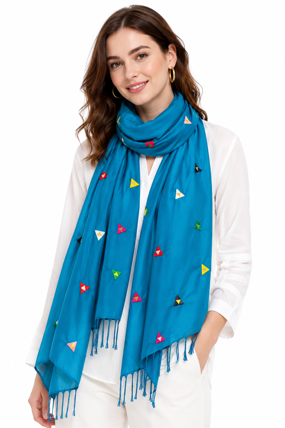 Pure Silk Hand Embroidery Scarf with Mirror Glass Embroidery, Blue