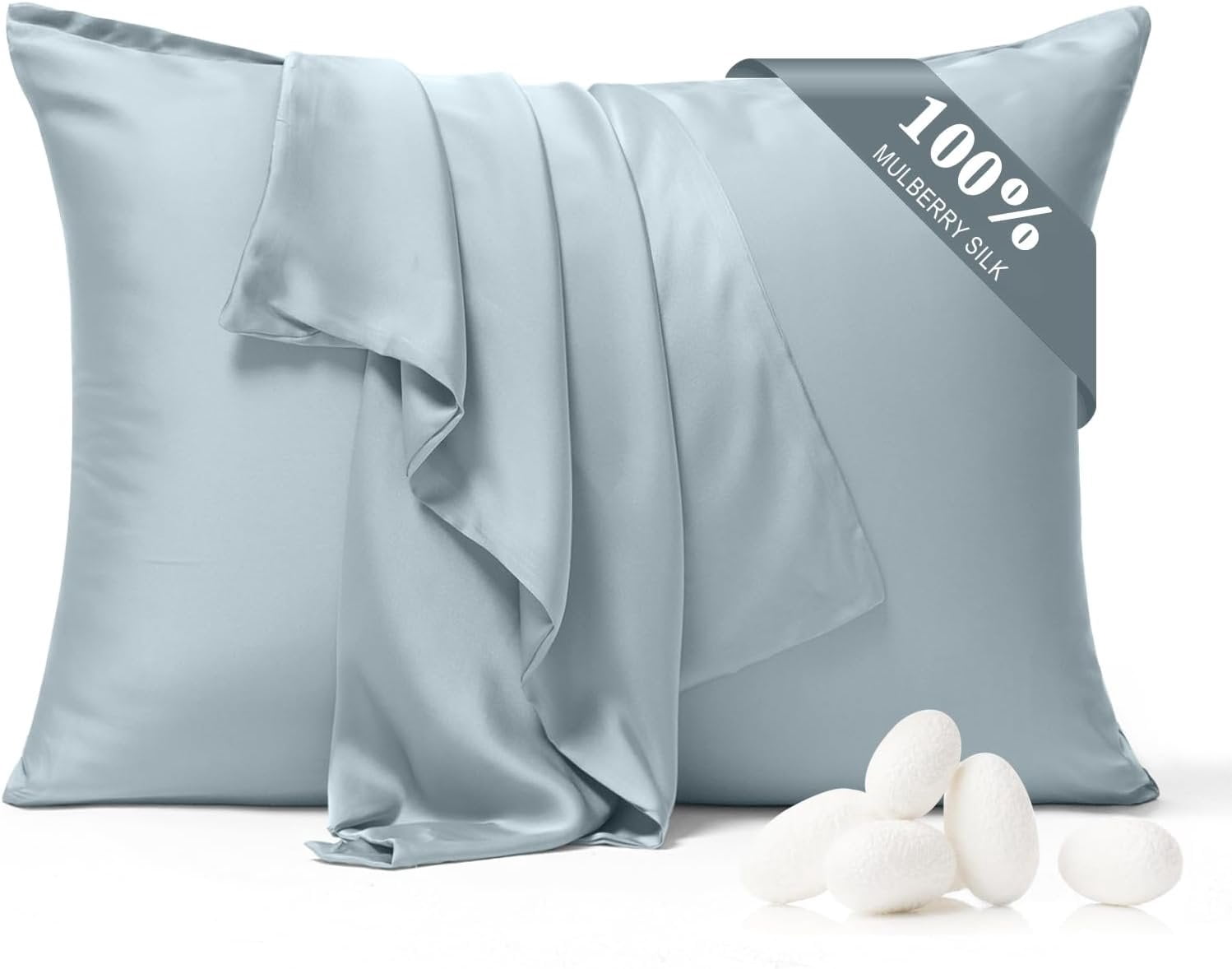 Pure Silk Pillowcase 2 Pack for Hair and , Both Sides 23 Momme Grade 6A+ Mulberry Silk Pillowcases with  Zipper, Soft&Smooth Cooling Pillow Cases (Ash Blue, Standard 20x26)