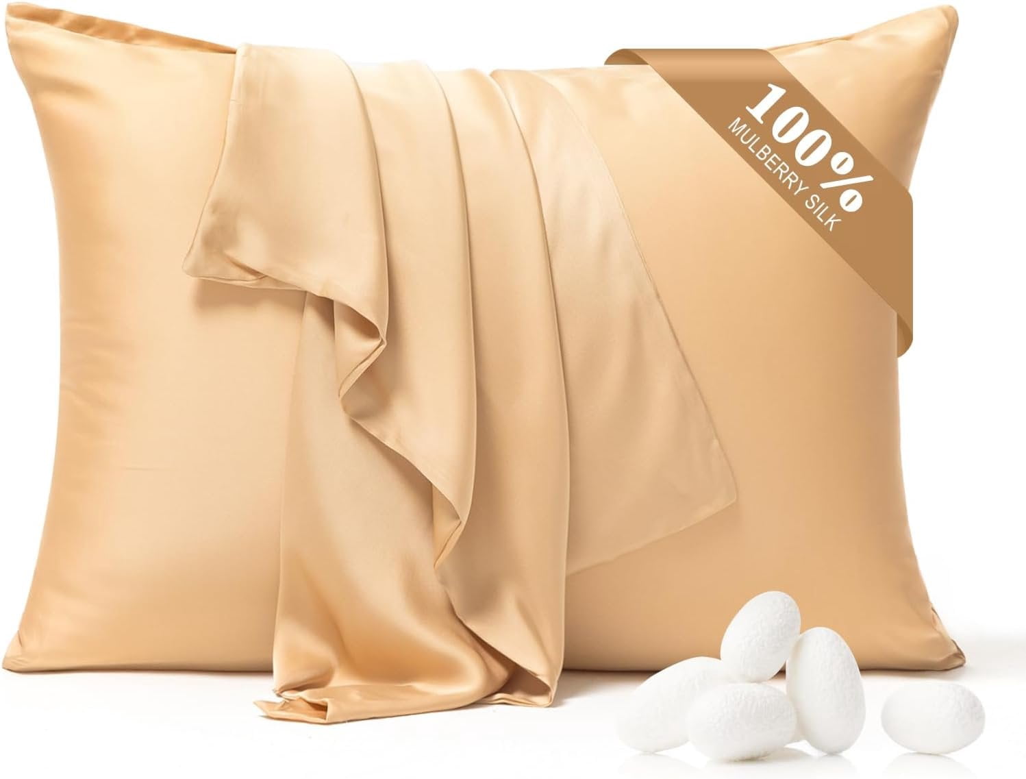Pure Silk Pillowcase 2 Pack for Hair and , Both Sides 23 Momme Grade 6A+ Mulberry Silk Pillowcases with  Zipper, Soft&Smooth Cooling Pillow Cases (Champagne, Standard 20x26)