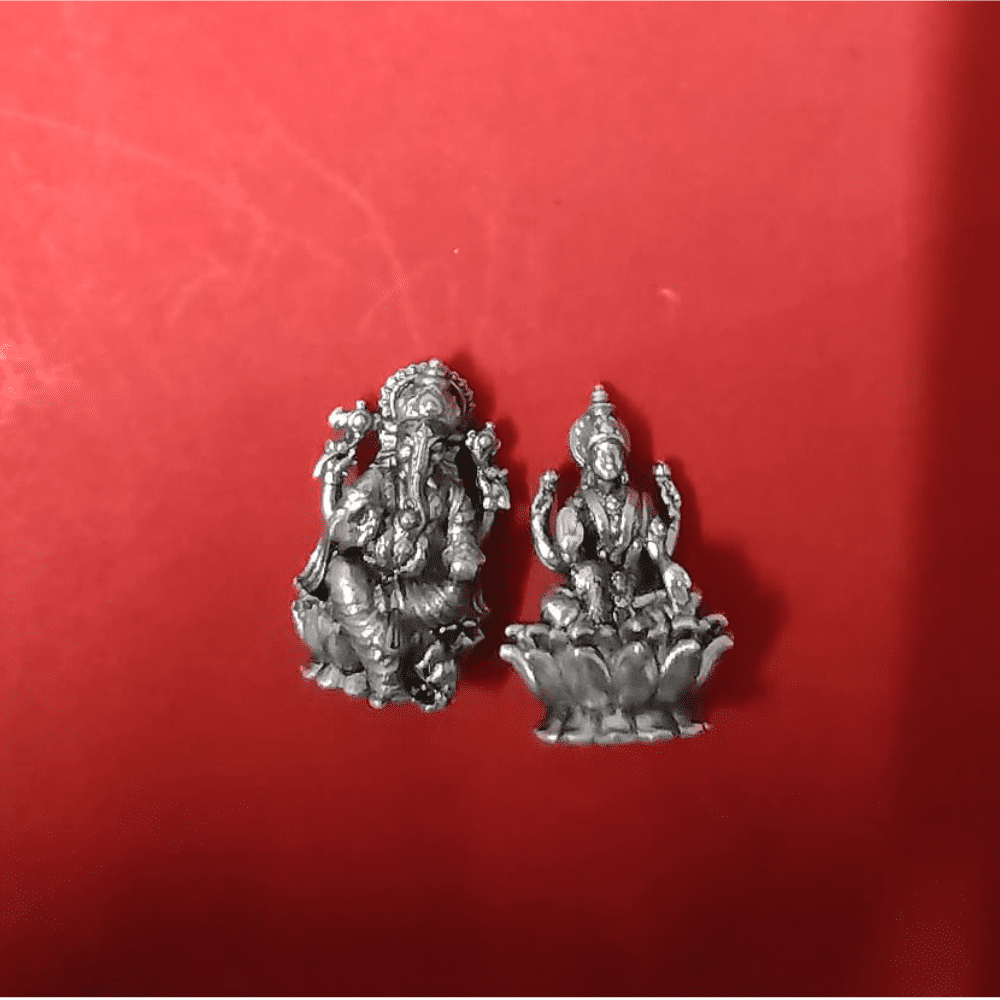 Pure Silver Laxmi Ganesh Antique Idols Set 12g, Silver Murthi, Silver