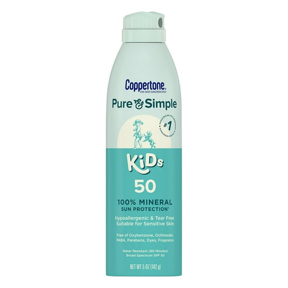 Coppertone Pure and Simple Kids Mineral Sunscreen Spray SPF 50, Hypoallergenic, Fragrance Free, 5 oz
