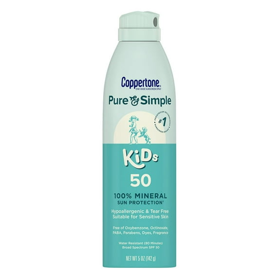 Coppertone Pure and Simple Kids Mineral Sunscreen Spray SPF 50, Hypoallergenic, Fragrance Free, 5 oz
