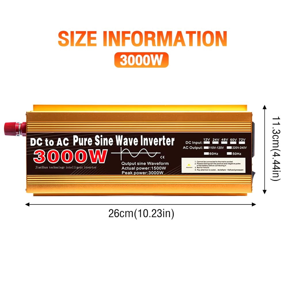 Pure Sine Wave Power Inverter 12V DC to 220V AC 3000W Voltage Converter for Car RV Solar